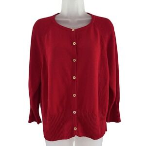 St. John Sport Sweater Womens Large Red‎ Wool Rayon Button Front Cardigan Raglan